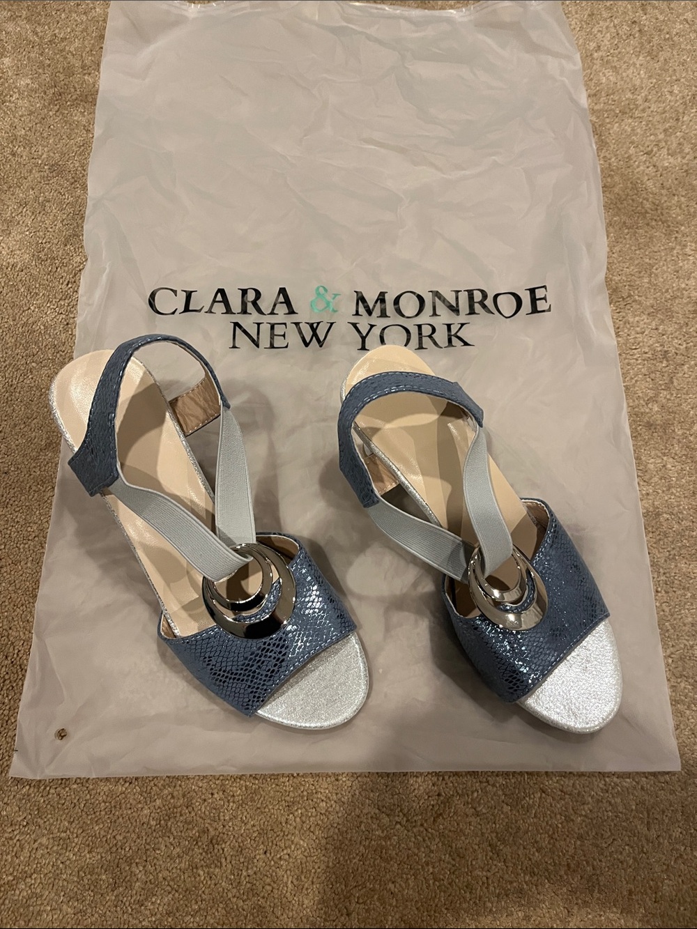 Clara & Monroe Blue Metallic Slingback Heels with Silver Accents